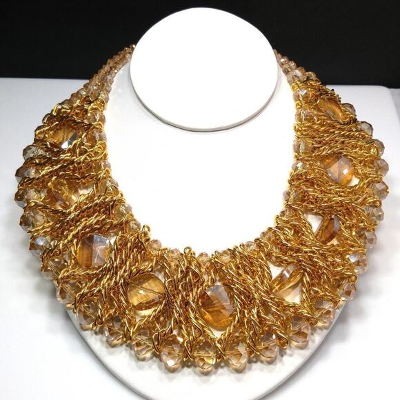 Bohemian Wide Crystal Beaded Chain Collar Necklace, Champaign Beads, 17 Inches - Picture 1 of 11